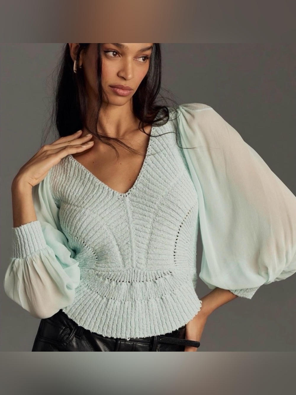 NWT Anthropologie Mint Puff-Sleeve Knit Top (Originally $138)